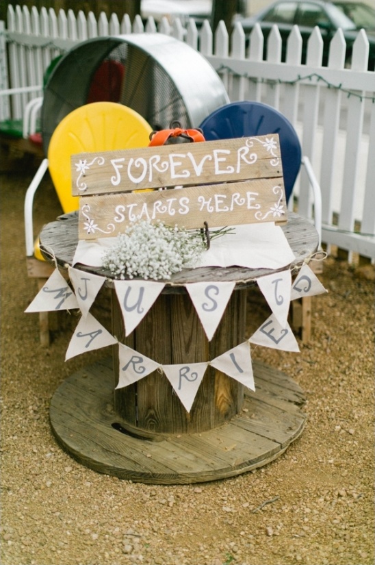 Wooden sign forever starts here wedding table