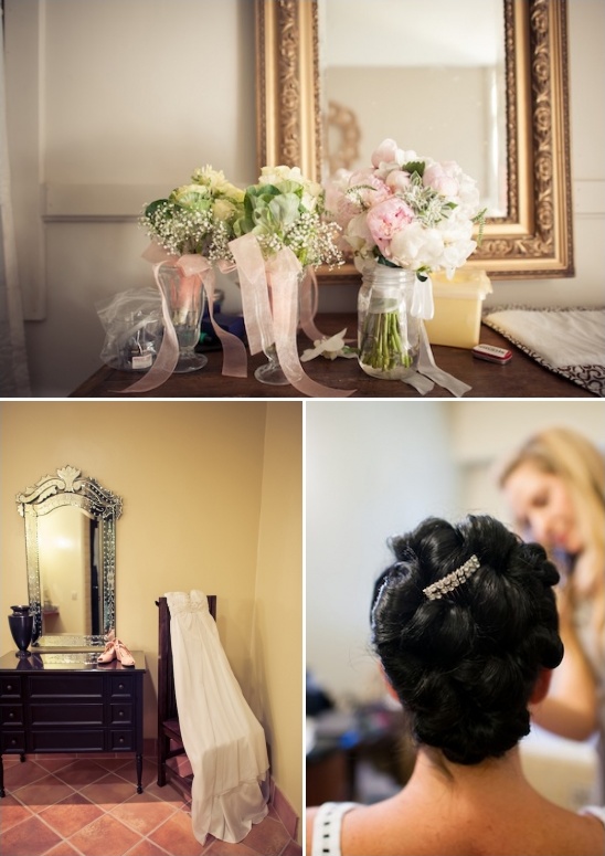 Wedding prep collage bouquets dress hair styling