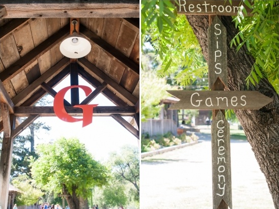 Rustic wedding signs point the way to games and ceremony