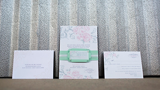 gray and pink floral invites