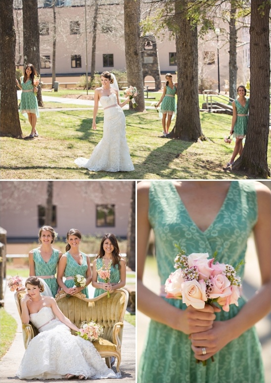 Bride and bridesmaids in green dresses outdoor wedding
