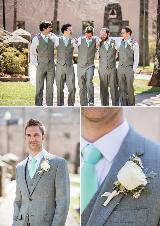 Groomsmen in gray suits with mint ties, smiling