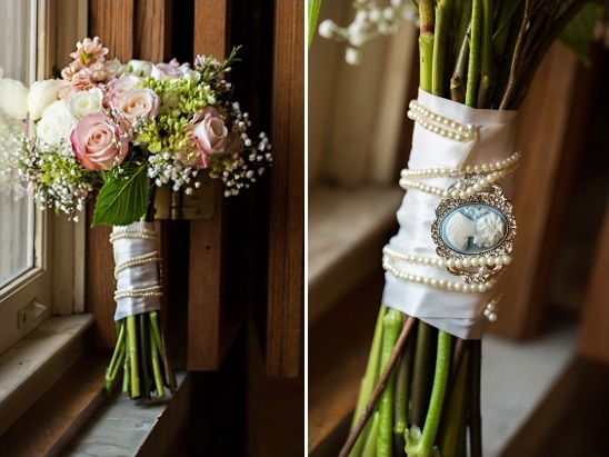 Elegant wedding bouquet with pearl and cameo detail