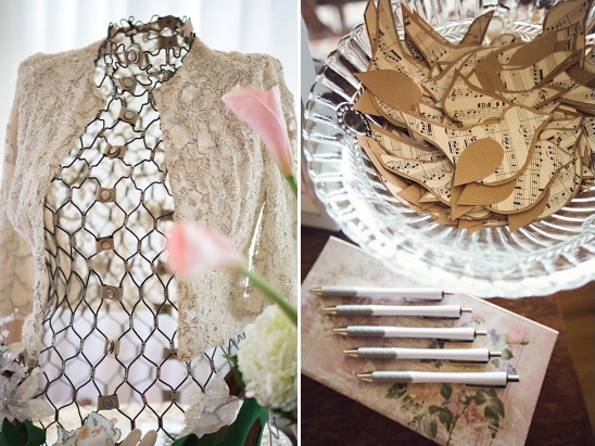 Vintage lace jacket and music note wedding favors