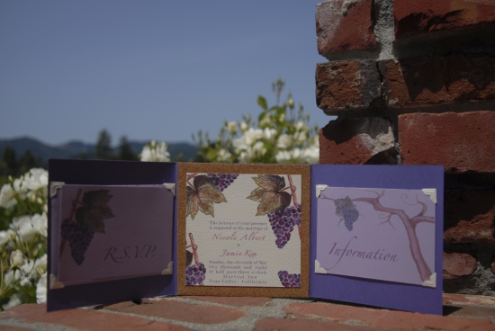 Grape themed purple and cream wedding invitation suite