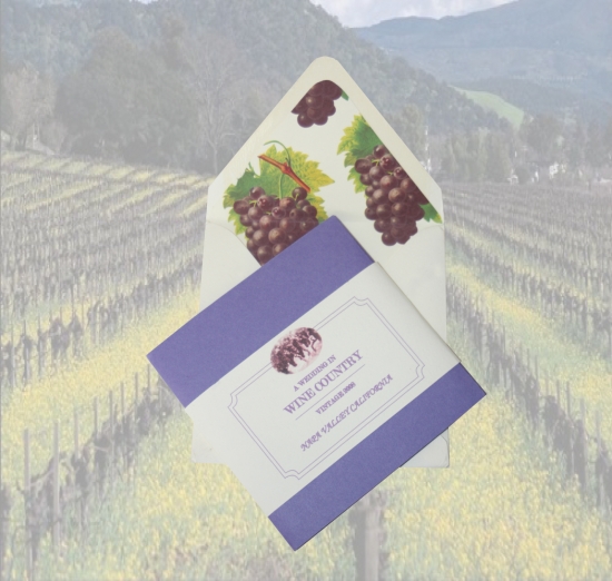 Wine country wedding invite with vineyard background