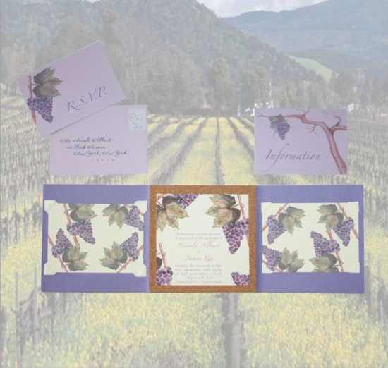 Grape themed wedding invitation suite in vineyard setting