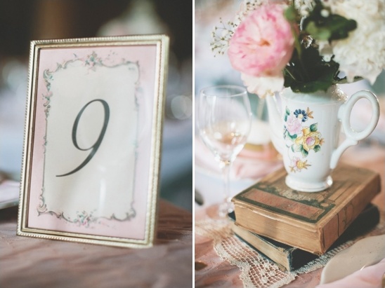 Vintage wedding table decor with table number and flowers