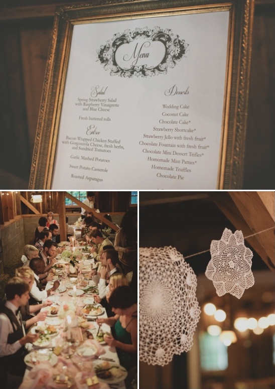 Rustic wedding reception decor with menu, guests and vintage details