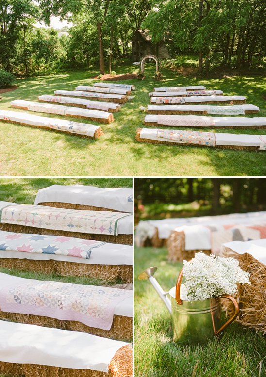 quilt covered hay bale ceremony seating ideas