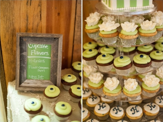 white, green and blue wedding cupcakes