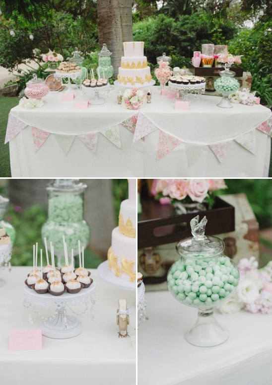 pink green and gold dessert table