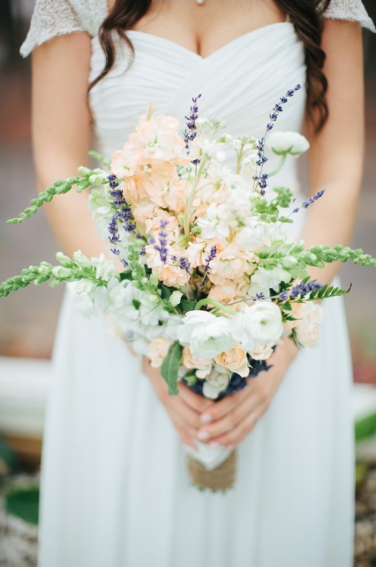 peach, white and purple wedding bouquet