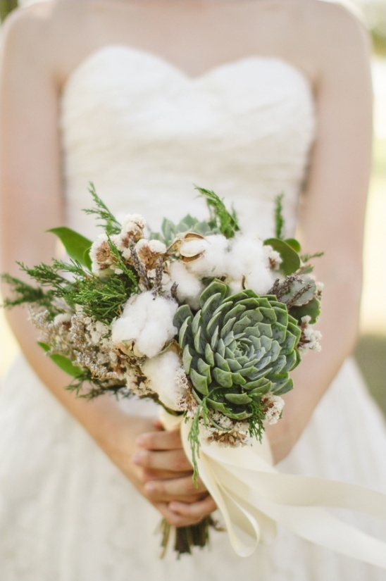 cotton and succulent wedding bouquet by paisley petals flower studio