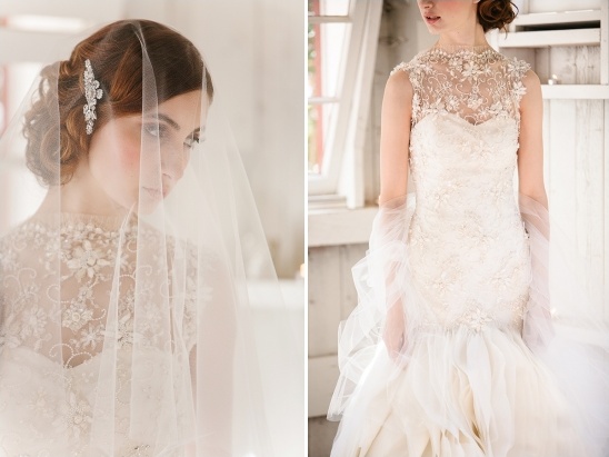 Elegant bride in a beautiful wedding dress with veil and floral details