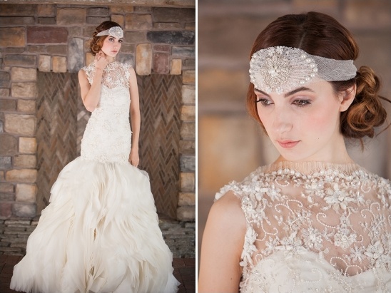 Elegant bride in a vintage inspired wedding dress and headpiece