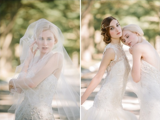 Elegant brides in white wedding dresses with soft veil details