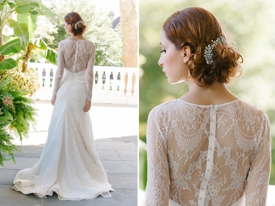 Elegant bride in lace wedding dress with intricate back detail