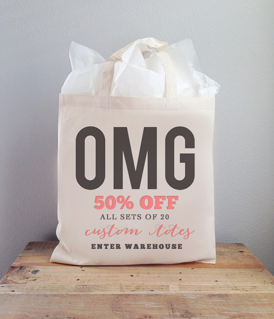 50% off all sets of 20 custom wedding totes