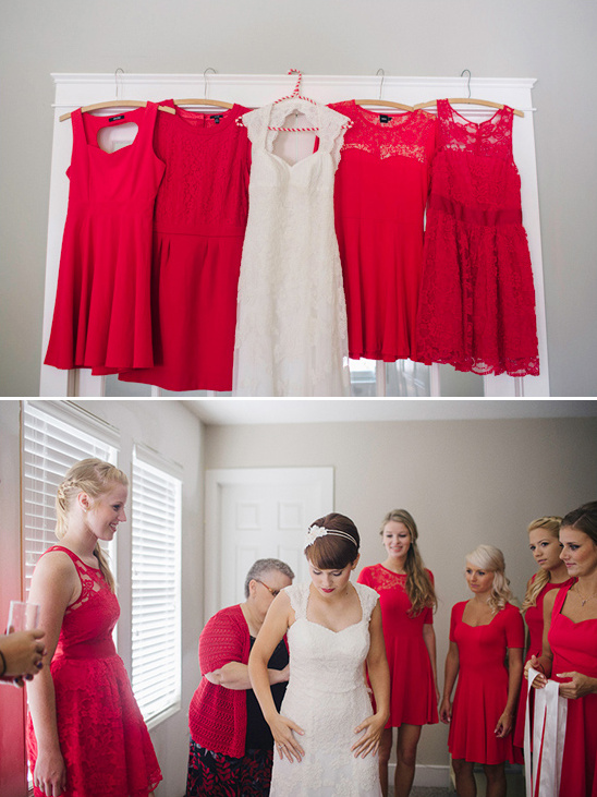 Bride and bridesmaids getting ready with red and white dresses