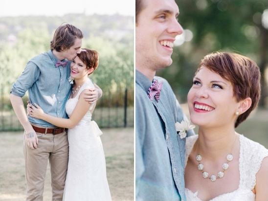 Smiling bride and groom embrace on their wedding day