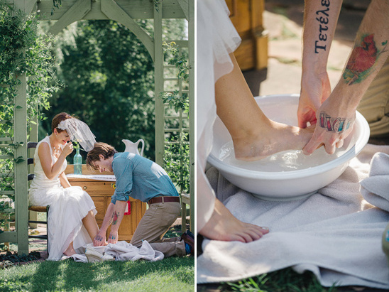 Wedding couple sharing intimate moment, foot washing ceremony