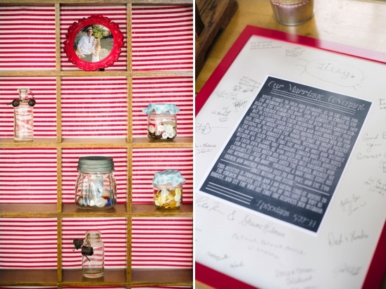 Wedding decor with jars and a framed photo with marriage guest book