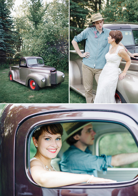 Happy couple in vintage truck for wedding shoot