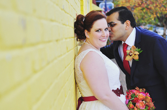 Happy bride and groom sharing a tender moment