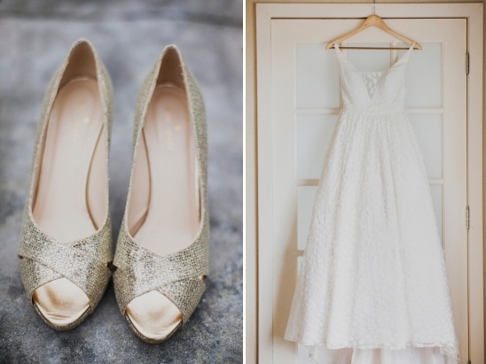 Gold wedding shoes and dress