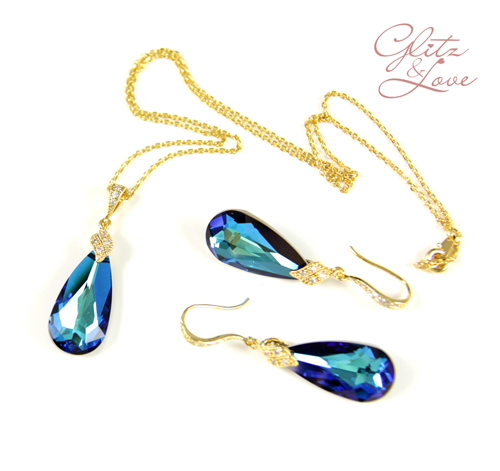 Bridal Jewelry Set - Swarovski Bermuda Blue Faceted Teardrop Crystal Earrings