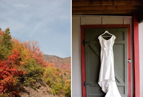 Wedding dress hanging with autumn foliage backdrop
