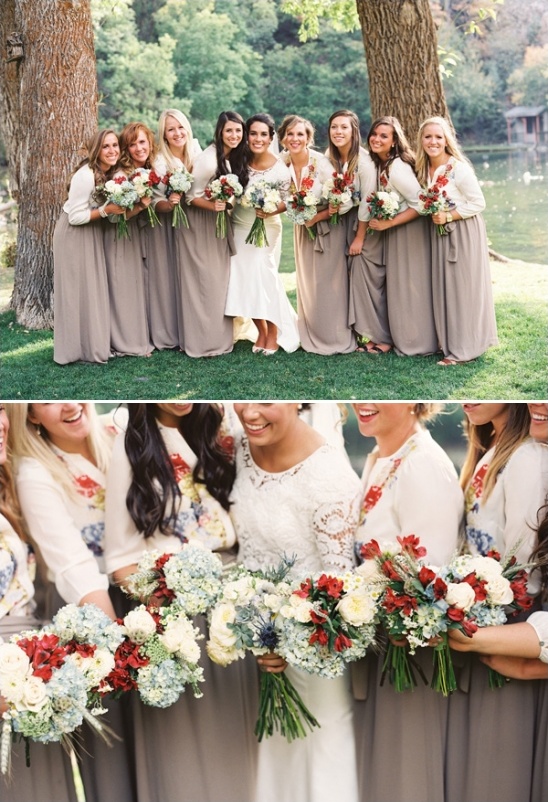 Bride and bridesmaids in long gray dresses with flowers