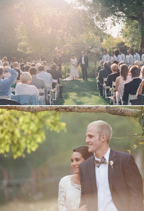 Outdoor wedding ceremony with bride and groom smiling