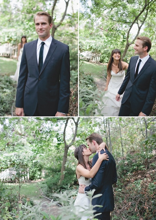 Couple kissing in garden wedding