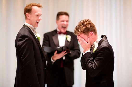 Gay wedding grooms emotional reaction during ceremony