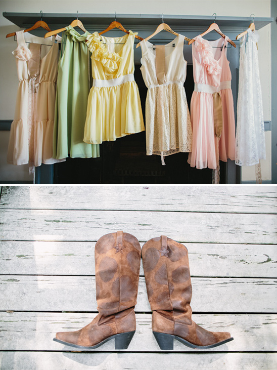 Pastel bridesmaid dresses and brown cowboy boots