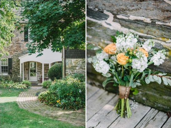 Rustic stone house and peach wedding bouquet