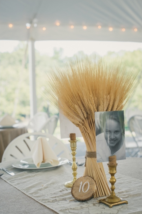 Rustic wedding table ten centerpiece with wheat and photo