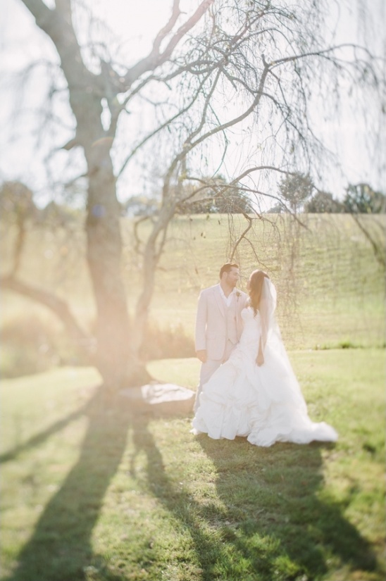 Couple in wedding attire under tree