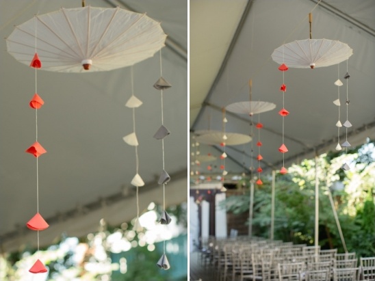 Wedding decor paper umbrellas with hanging origami