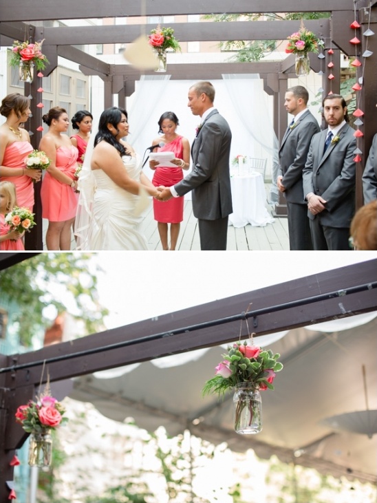 Outdoor wedding ceremony with floral decorations