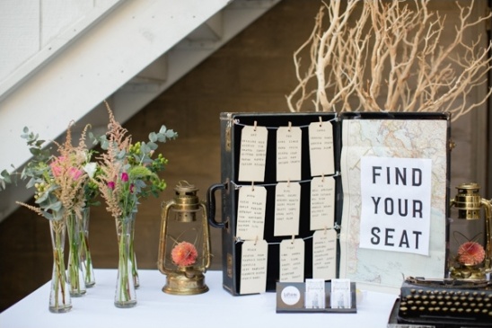 Vintage travel themed wedding table with seating chart