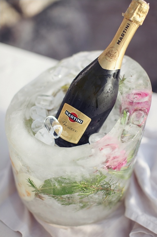 Martini Prosecco bottle chilled in floral ice bucket for a celebration