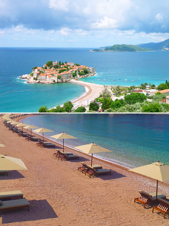 Sveti Stefan island and beach with umbrellas in Montenegro
