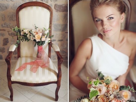 Bride with bouquet, seated next to bridal bouquet on a chair