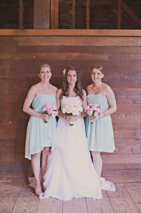 mint bridesmaid dresses and pink peony bouquets