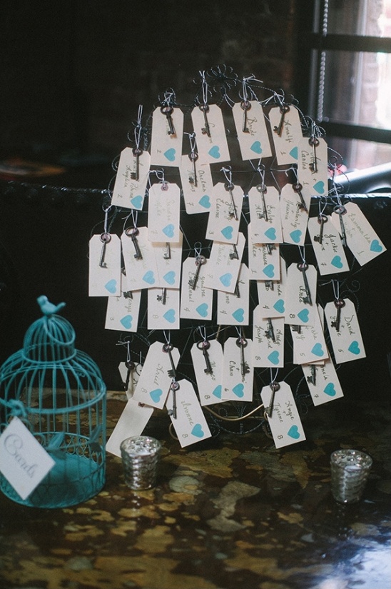 Wedding table decor with keys and tags for seating arrangement