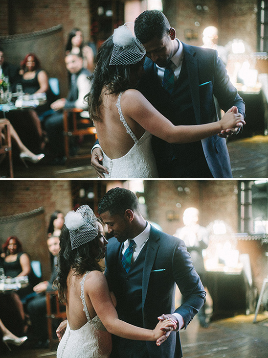 Newlywed couple dancing together at their wedding reception