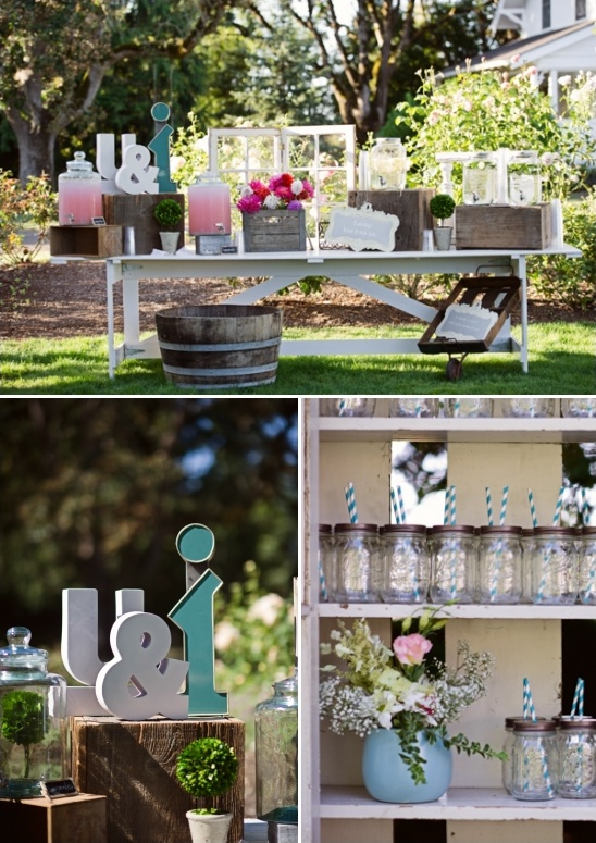 Rustic wedding drinks display with U&I decor